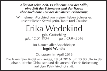 Traueranzeige von Erika Wedekind von WVG - Wochenspiegel Merseburg