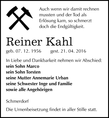 Traueranzeige von Reiner Kahl von Mitteldeutsche Zeitung Naumburg/Nebra