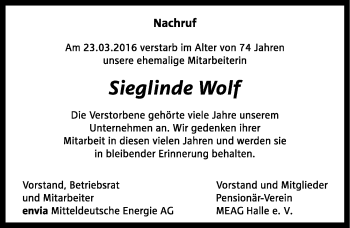 Traueranzeige von Sieglinde Wolf von Mitteldeutsche Zeitung Halle/Saalkreis