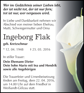 Traueranzeige von Ingeborg Flak von WVG - Wochenspiegel Dessau / Köthen