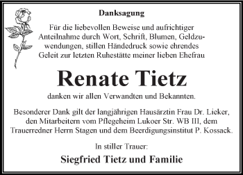 Traueranzeige von Renate Tietz von WVG - Wochenspiegel Dessau / Köthen