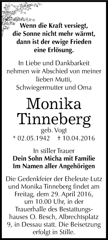 Traueranzeige von Monika Tinneberg von Mitteldeutsche Zeitung Dessau-Roßlau