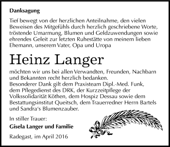 Traueranzeige von Heinz Langer von Mitteldeutsche Zeitung Köthen