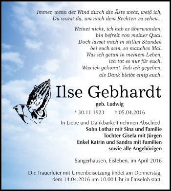 Traueranzeige von Ilse Gebhardt von WVG - Wochenspiegel SGH
