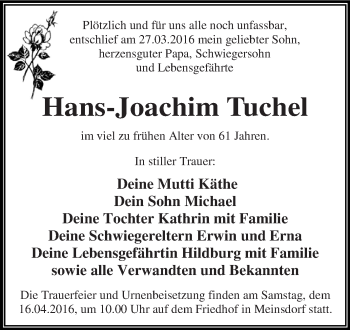 Traueranzeige von Hans-Joachim Tuchel von WVG - Wochenspiegel Dessau / Köthen