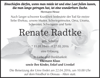 Traueranzeige von Renate Radtke von WVG - Wochenspiegel Dessau / Köthen
