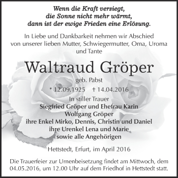 Traueranzeige von Waltraud Gröper von Super Sonntag SGH Mansf. Land