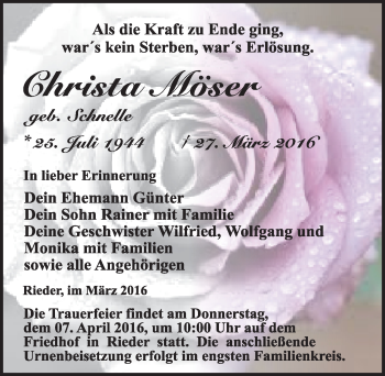 Traueranzeige von Christa Möser von Mitteldeutsche Zeitung Quedlinburg