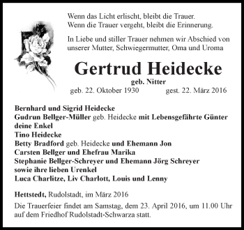 Traueranzeige von Gertrud Heidecke von Wochenspiegel Mansfelder Land