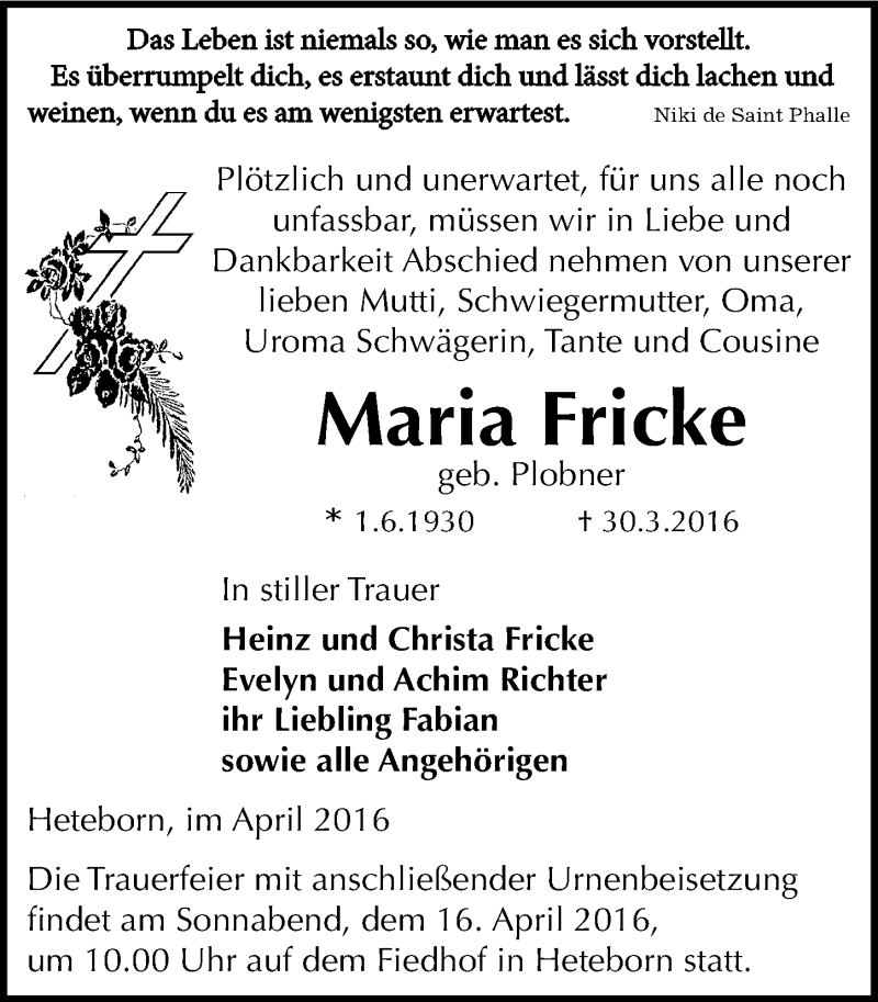  Traueranzeige für Maria Fricke vom 09.04.2016 aus Mitteldeutsche Zeitung Quedlinburg
