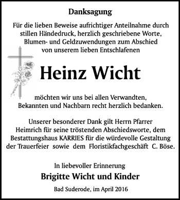 Traueranzeige von Heinz Wicht von WVG - Wochenspiegel Quedlinburg