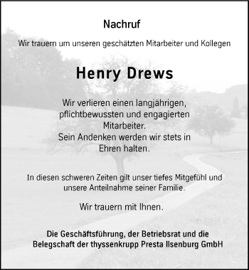 Traueranzeige von Henry Drews von Mitteldeutsche Zeitung Quedlinburg