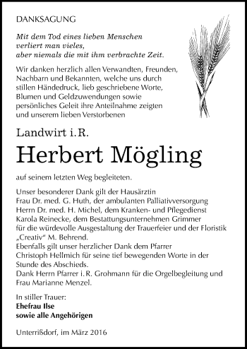 Traueranzeige von Herbert Mögling von Mitteldeutsche Zeitung Mansfelder Land
