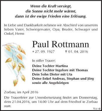 Traueranzeige von Paul Rottmann von Mitteldeutsche Zeitung Weißenfels