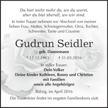 Traueranzeige von Gudrun Seidler von Super Sonntag Wittenberg