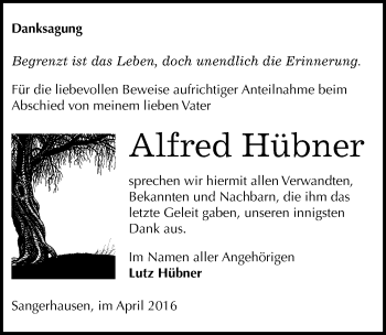 Traueranzeige von Alfred Hübner von Mitteldeutsche Zeitung Sangerhausen