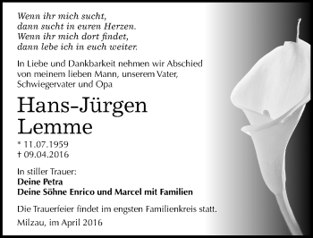 Traueranzeige von Hans-Jürgen Lemme von Mitteldeutsche Zeitung Merseburg/Querfurt