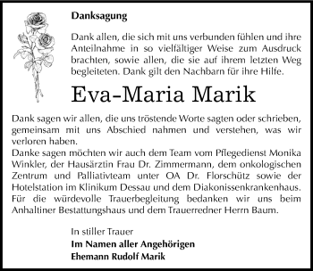 Traueranzeige von Eva-Maria Marik von Mitteldeutsche Zeitung Dessau-Roßlau