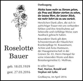 Traueranzeige von Roselotte Bauer von Mitteldeutsche Zeitung Merseburg/Querfurt