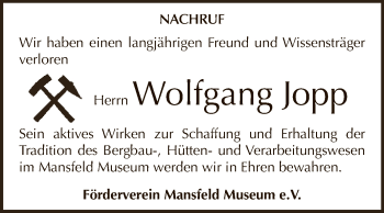 Traueranzeige von Wolfgang Jopp von Wochenspiegel Mansfelder Land
