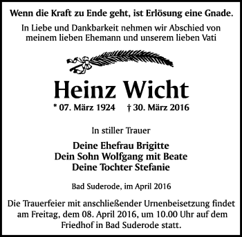 Traueranzeige von Heinz Wicht von Mitteldeutsche Zeitung Quedlinburg