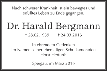 Traueranzeige von Harald Bergmann von Super Sonntag Merseburg