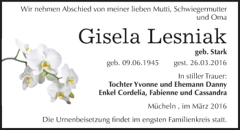 Traueranzeige von Gisela Lesniak von Mitteldeutsche Zeitung Merseburg/Querfurt