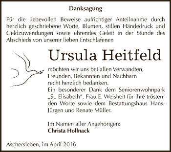 Traueranzeige von Ursula Heitfeld von Super Sonntag Aschersleben