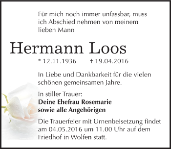 Traueranzeige von Hermann Loos von Mitteldeutsche Zeitung Bitterfeld