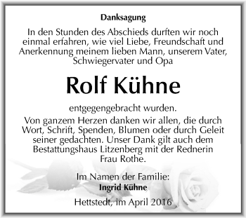 Traueranzeige von Rolf Kühne von Wochenspiegel Mansfelder Land