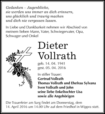 Traueranzeige von Dieter Vollrath von Mitteldeutsche Zeitung Mansfelder Land