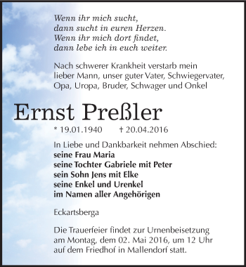 Traueranzeige von Ernst Preßler von Mitteldeutsche Zeitung Naumburg/Nebra