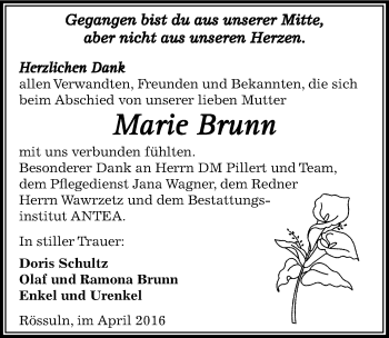 Traueranzeige von Marie Brunn von Mitteldeutsche Zeitung Weißenfels