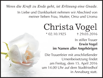 Traueranzeige von Christa Vogel von Mitteldeutsche Zeitung Wittenberg