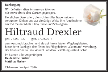 Traueranzeige von Hiltraud Drexler von WVG - Wochenspiegel Merseburg