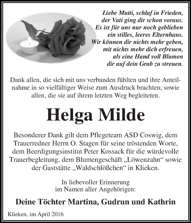  Traueranzeige für Helga Milde vom 02.04.2016 aus WVG - Wochenspiegel Dessau / Köthen