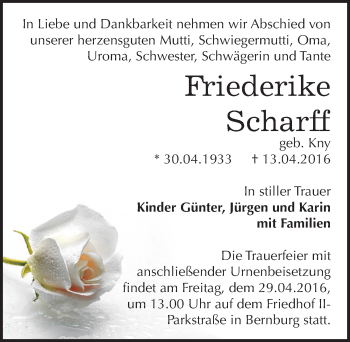 Traueranzeige von Friederike Scharff von Mitteldeutsche Zeitung Bernburg