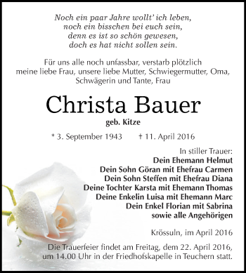 Traueranzeige von Christa Bauer von WVG - Wochenspiegel NMB / WSF / ZTZ