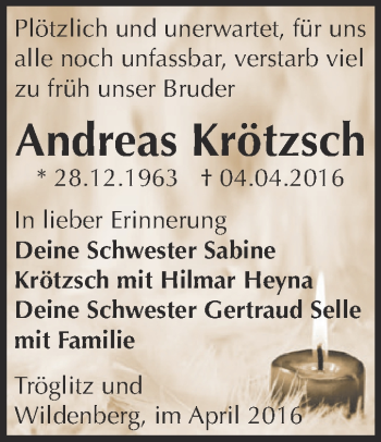Traueranzeige von Andreas Krötzsch von Super Sonntag Zeitz