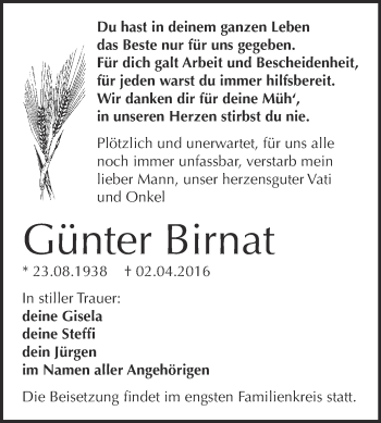 Traueranzeige von Günter Birnat von WVG - Wochenspiegel Dessau / Köthen