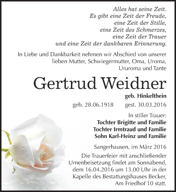 Traueranzeige von Gertrud Weidner von Mitteldeutsche Zeitung Sangerhausen