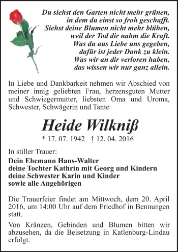 Traueranzeige von Heide Wilkniß von Mitteldeutsche Zeitung Sangerhausen