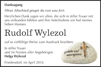 Traueranzeige von Rudolf Wylezol von WVG - Wochenspiegel Bitterfeld