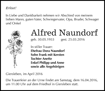 Traueranzeige von Alfred Naundorf von Mitteldeutsche Zeitung Aschersleben