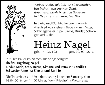 Traueranzeige von Heinz Nagel von Mitteldeutsche Zeitung Halle/Saalkreis