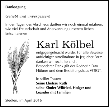Traueranzeige von Karl Kölbel von Mitteldeutsche Zeitung Mansfelder Land