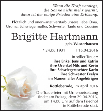 Traueranzeige von Brigitte Hartmann von Mitteldeutsche Zeitung Sangerhausen