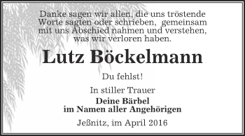 Traueranzeige von Lutz Böckelmann von WVG - Wochenspiegel Bitterfeld