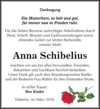 Traueranzeige von Anna Schibelius von Mitteldeutsche Zeitung Köthen