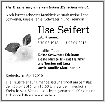 Traueranzeige von Ilse Seifert von Mitteldeutsche Zeitung Mansfelder Land